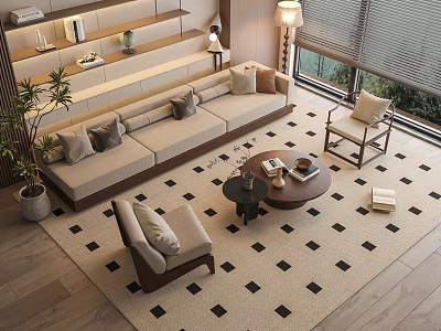 Modern Living Room Interior With Sofa Coffee Table Set Accent Chairs And Checkered Rug 3d model