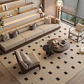 Modern Living Room Interior With Sofa Coffee Table Set Accent Chairs And Checkered Rug