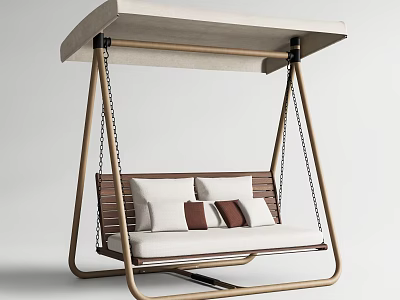 Comfortable Hanging Swing Chair With Wooden Frame Canopy Beige Cushions And Brown Pillows 3d model