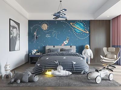 Space Themed Kids Room With Planets Wall Art Astronaut Doll Airplane Chandelier And Striped Bed 3d model
