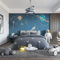 Space Themed Kids Room With Planets Wall Art Astronaut Doll Airplane Chandelier And Striped Bed