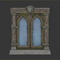 Medieval Wooden Door With Double Arched Blue Glass Metal Accents Star Top And Stone Base