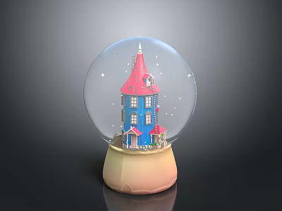 Decorative Snow Globe Set with Blue House Red Roof and Stable Base for Home Decor 3d model