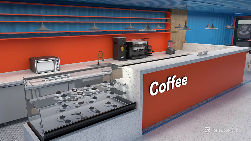Modern Cafe Interior With Orange Blue Walls Coffee Machine And Dessert Display Counter 3d model 