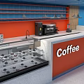 Modern Cafe Interior With Orange Blue Walls Coffee Machine And Dessert Display Counter