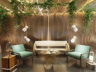 Sofa And Woven Rattan Coffee Table Set With Green Armchairs Wooden Slat Wall Hanging Plants 3d model
