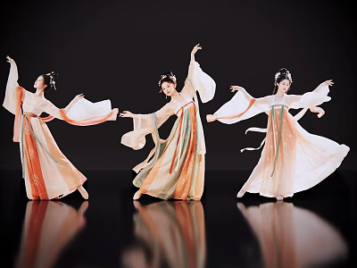 Game And Movie Character Three Female In Traditional Clothing With Flowing Sleeves Long Skirts Dancing 3d model