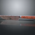 Old Rusty Weapon Knife With Wooden Handle On Black Surface And Reflection