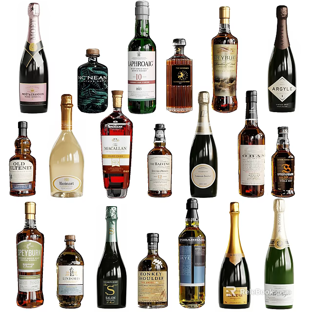 Diverse Wine Bottles and Glasses Collection with Various Alcohol Brands and Styles 3d model 