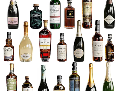 Diverse Wine Bottles and Glasses Collection with Various Alcohol Brands and Styles 3d model