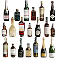 Diverse Wine Bottles and Glasses Collection with Various Alcohol Brands and Styles