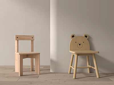 Two Wooden Children's Chairs Featuring Bear Shaped And Simple Styles 3d model
