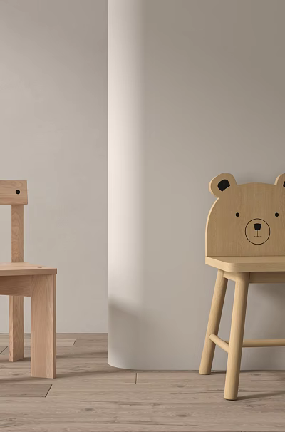 Two Wooden Children's Chairs Featuring Bear Shaped And Simple Styles 3d model