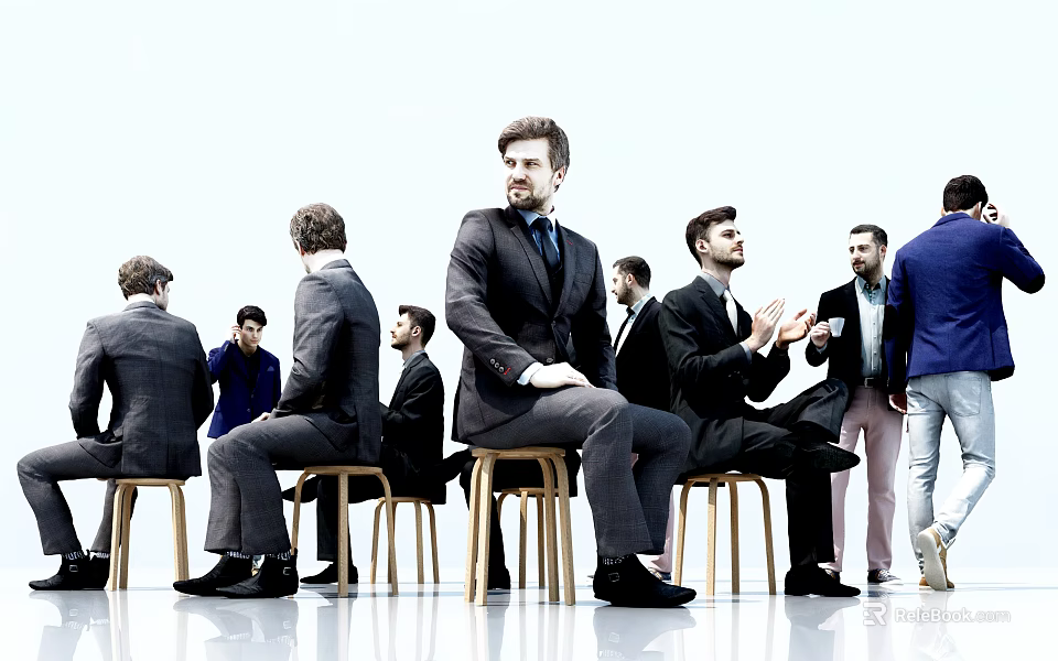 Group of Business Professionals Sitting on Chairs and Standing in Modern Space 3d model 