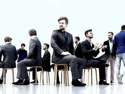 Group of Business Professionals Sitting on Chairs and Standing in Modern Space 3d model