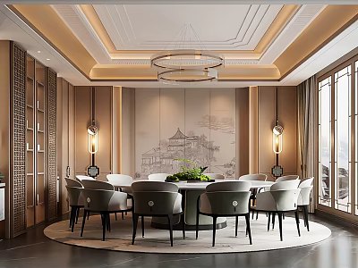 Elegant Chinese Style Private Dining Room With Round Table Chairs Chandelier And Wall Art 3d model