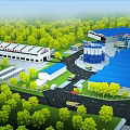 Industrial Factory Layout With Blue Roof Buildings Green Trees Roads And Orange Cranes