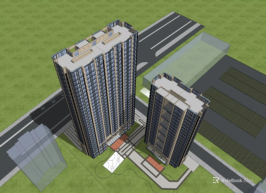 Two High Rise Residential Buildings With Surrounding Road Green Area And Plaza 3d model 
