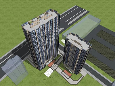 Two High Rise Residential Buildings With Surrounding Road Green Area And Plaza 3d model