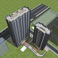 Two High Rise Residential Buildings With Surrounding Road Green Area And Plaza