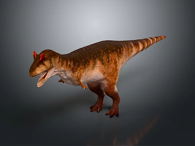 Realistic Dinosaur Figure With Brown Yellow Skin Red Horns Open Mouth Standing On Gray Background 3d model