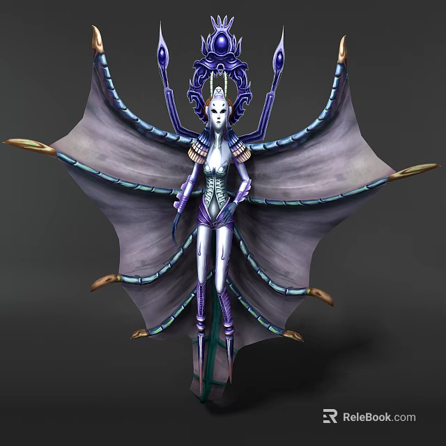 Fantasy Game Movie Character With Purple Blue Wings And Elaborate Headdress 3d model 