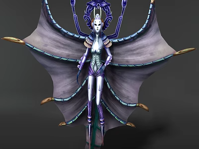 Fantasy Game Movie Character With Purple Blue Wings And Elaborate Headdress 3d model