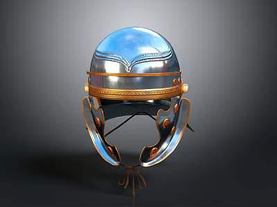 Ancient Warrior Weapon Helmet With Silver Metal And Gold Accents And Protective Ear Guards 3d model
