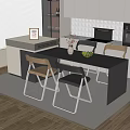 Modern Kitchen Bar with Black Countertop Chairs Vase Fruits and Open Design