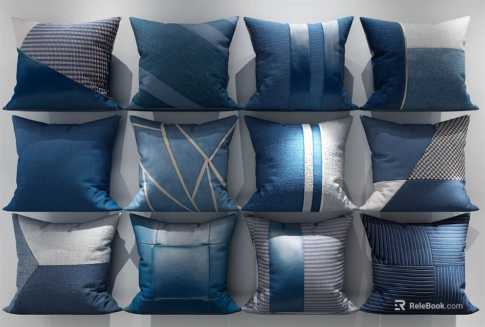 Stylish Blue And Gray Throw Pillows With Geometric Patterns Striped And Patchwork Designs 3d model 