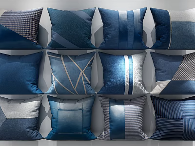 Stylish Blue And Gray Throw Pillows With Geometric Patterns Striped And Patchwork Designs 3d model