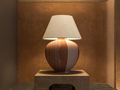 Ceramic Table Lamp With Brown And White Wood Grain Texture And Light Colored Lampshade 3d model