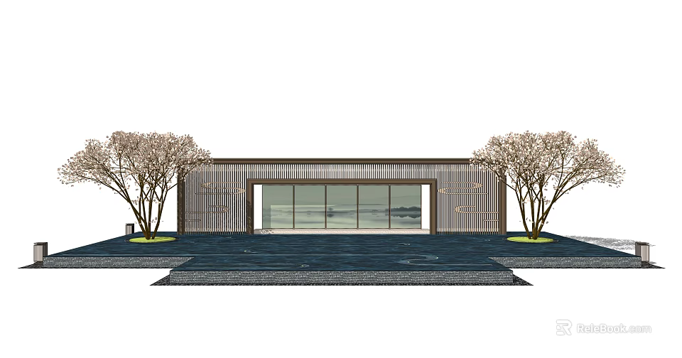 Modern Garden Wall With Wooden Grille Design Stone Base And Landscaping Trees 3d model 