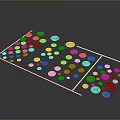 Colorful Circular Sculptures With Orange Red Brown Tones Arranged In Grid Area On Dark Background