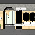 Modern Public Restroom Interior With Golden Tiles Green Stalls Marble Sink Counter Mirrors And Plants