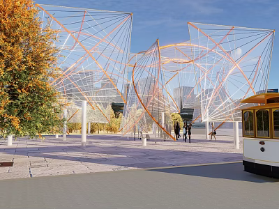 Contemporary Garden Landscape Featuring Geometric Transparent Structures Autumn Trees And Vintage Tram 3d model