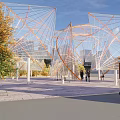 Contemporary Garden Landscape Featuring Geometric Transparent Structures Autumn Trees And Vintage Tram