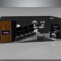 Modern Exhibition Booth Interior Design With Wooden Panels Display Counters Stools And CHRONOS Signage