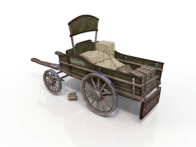 Vintage Wooden Cart With Green Canopy White Package And Spoked Wheels 3d model