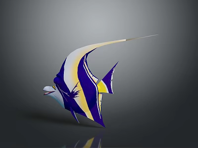 Colorful Blue Yellow White Striped Fish with Elongated Tail on Dark Background and Shiny Reflection 3d model