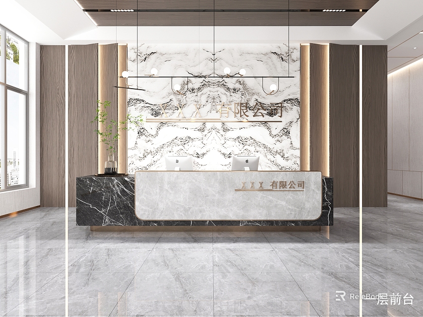 Modern Front Desk Reception Interior With Marble Backdrop And Reception Counter 3d model 