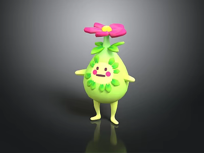 Cartoon Plant With Green Pear Shaped Body Yellow Limbs Blush Face And Pink Head Flower 3d model