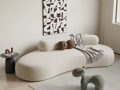 White Curved Sectional Sofa With Brown Pillows Gray Throw And Black White Geometric Wall Decor 3d model