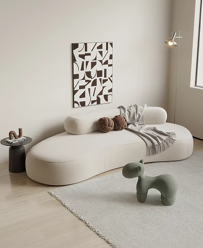 White Curved Sectional Sofa With Brown Pillows Gray Throw And Black White Geometric Wall Decor 3d model