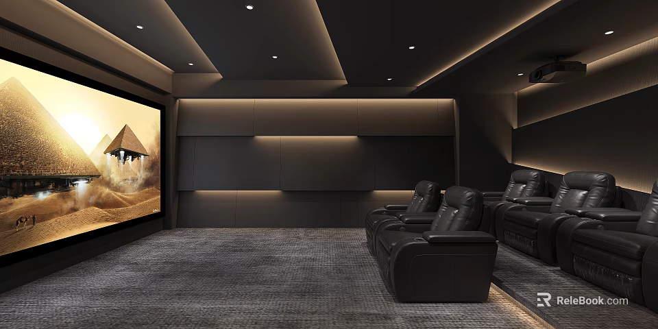 Home Theater Room Interior With Large Screen Black Leather Seats Carpeted Floor And Ambient Lighting 3d model 