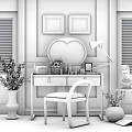 Elegant Wooden Dressing Table With Round Mirror Table Lamp Chair Wall Art And Decorative Vases