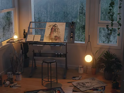 Cozy Study Room Interior With Easel Open Book Painting Stool And Window Plants 3d model