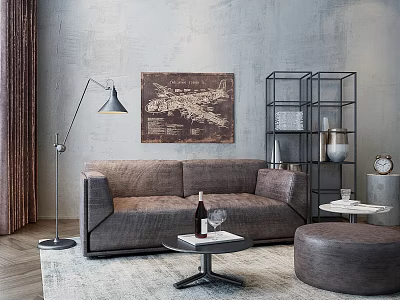 Contemporary Brown Sofa and Coffee Table Set with Floor Lamp Artwork Metal Shelf and Ottoman 3d model