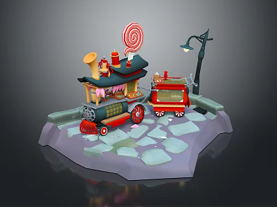 Cartoon Candy Shop Scene With Lollipop Street Lamp And Red Car 3d model