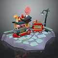 Cartoon Candy Shop Scene With Lollipop Street Lamp And Red Car
